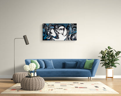 Interior image of Introducing "A Kiss," a captivating artwork by artist Dinara Djabieva. This stunning piece portrays the deep connection that some people share, whether it is in a fleeting moment or a lifetime commitment. The artwork is rendered in muted grays and blues, with bold black and white lines that provide striking contrast and visual interest.
