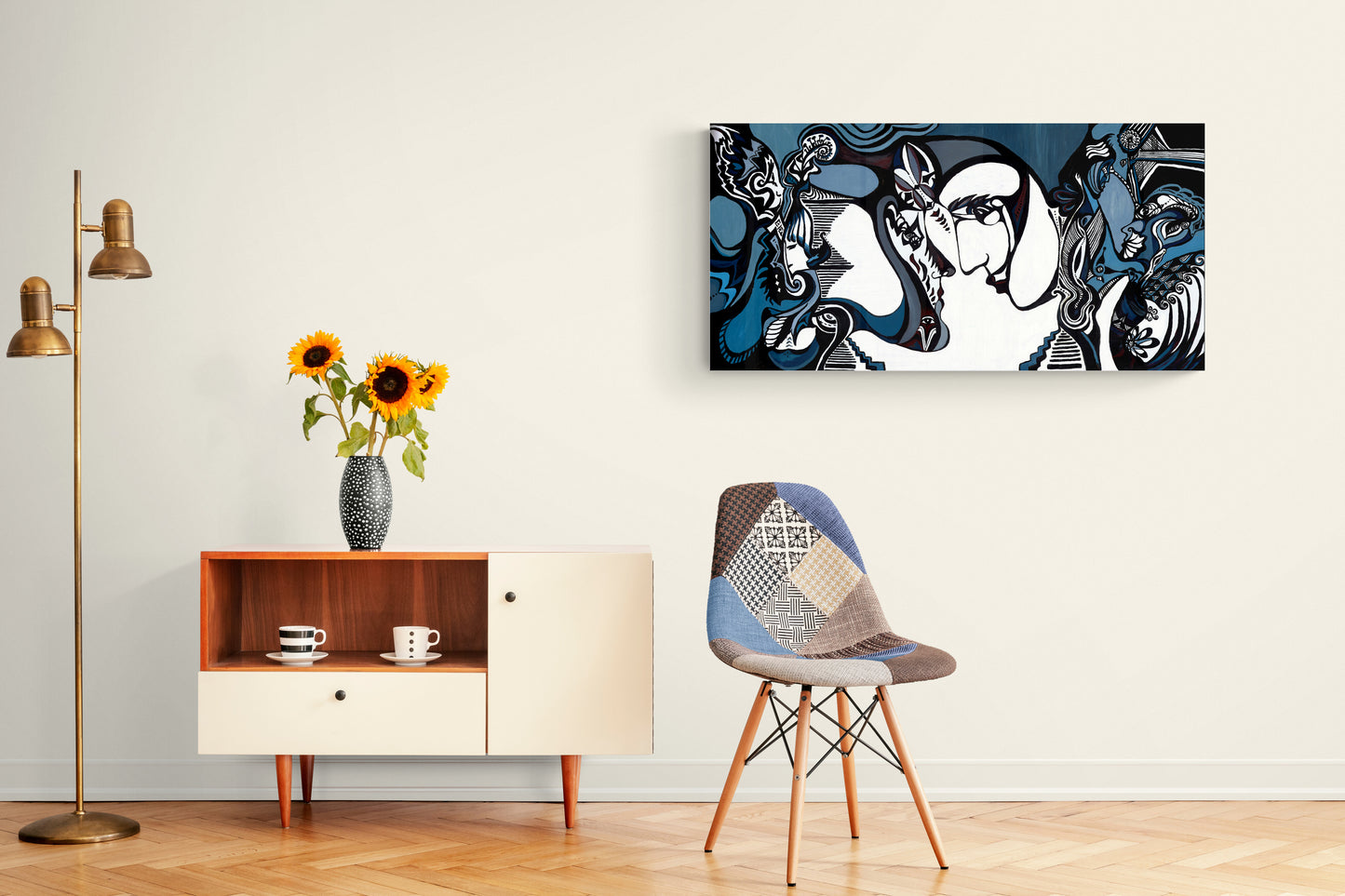 Introducing "A Kiss," a captivating artwork by artist Dinara Djabieva. This stunning piece portrays the deep connection that some people share, whether it is in a fleeting moment or a lifetime commitment. The artwork is rendered in muted grays and blues, with bold black and white lines that provide striking contrast and visual interest.