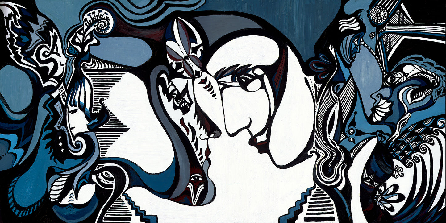 Introducing "A Kiss," a captivating artwork by artist Dinara Djabieva. This stunning piece portrays the deep connection that some people share, whether it is in a fleeting moment or a lifetime commitment. The artwork is rendered in muted grays and blues, with bold black and white lines that provide striking contrast and visual interest.